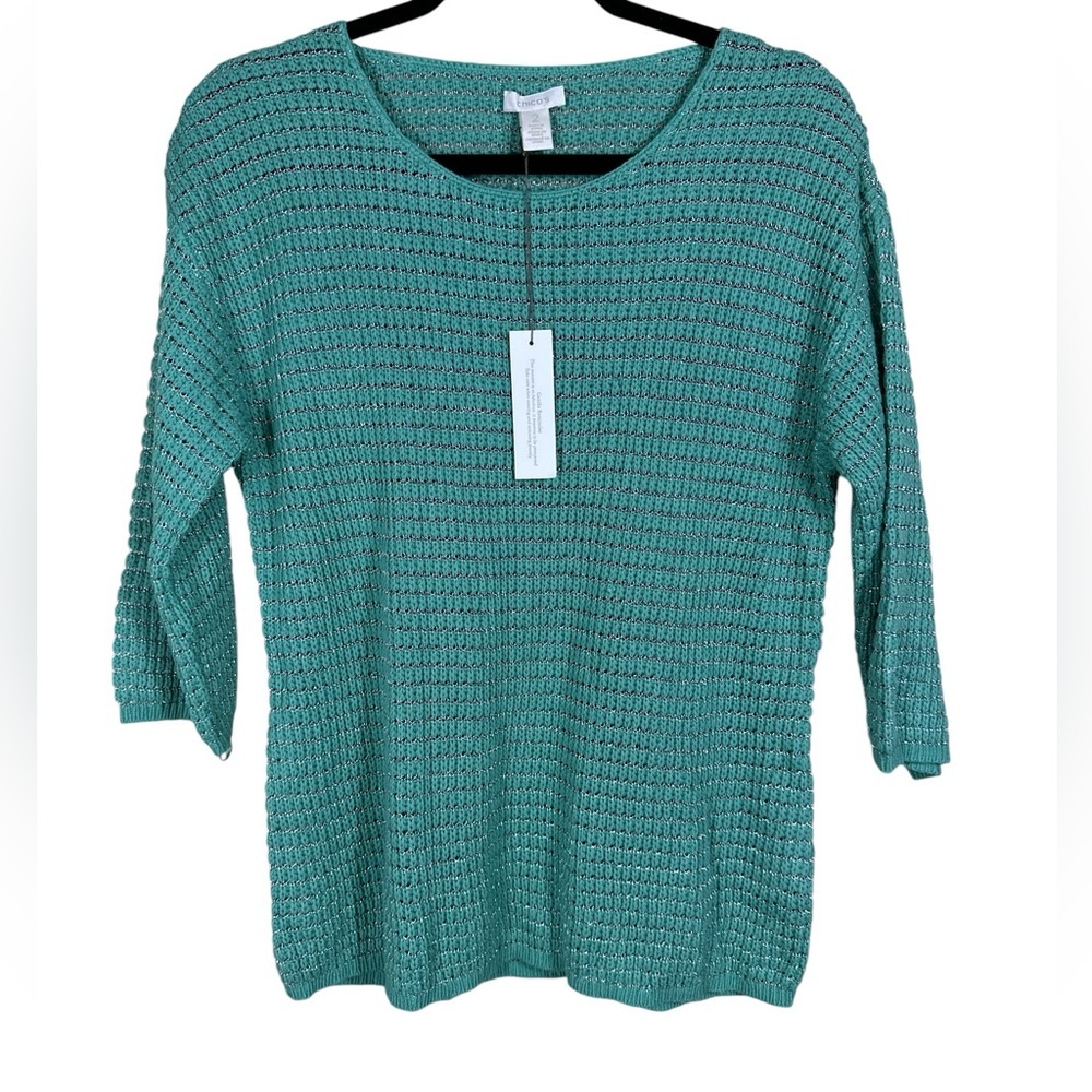Chico's sz2 Green with Metallic 3/4 Sleeves Sweater Women's Size Med 12. NWT